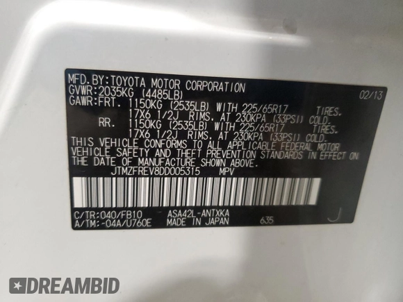 2013 Toyota RAV4 LE with VIN JTMZFREV8DD005315, listed as a Copart auction lot 52250375 with Not Provided miles and Non Repairable. Bid and sale history available at DreamBid. Image 15.