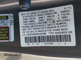 2013 Honda Civic Cpe LX with VIN 2HGFG3B5XDH502386, listed as a IAAI auction lot 42068372 with 204,360 mi miles. Bid and sale history available at carsss.com. Image 9.