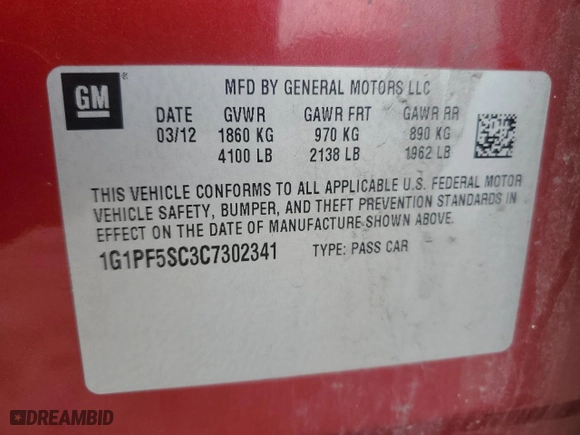 2012 Chevrolet Cruze LT w/1LT with VIN 1G1PF5SC3C7302341, listed as a Copart auction lot 52101275 with 69,089 mi miles and Salvage Title. Bid and sale history available at carsss.com. Image 12.