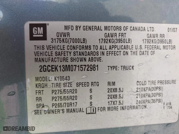 2007 Chevrolet Silverado 1500 LTZ with VIN 2GCEK13M071572981, listed as a IAAI auction lot 42054093 with 284,423 mi miles. Bid and sale history available at carsss.com. Image 9.