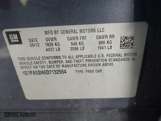 2013 Chevrolet Cruze LS with VIN 1G1PA5SH6D7132584, listed as a IAAI auction lot 41880780 with 15,197 mi miles. Bid and sale history available at carsss.com. Image 9.