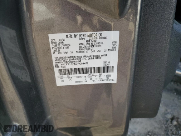 2013 Ford F-150 XL with VIN 1FTFX1CF5DFC03478, listed as a Copart auction lot 46037155 with 164,241 mi miles and Salvage Title. Bid and sale history available at carsss.com. Image 12.