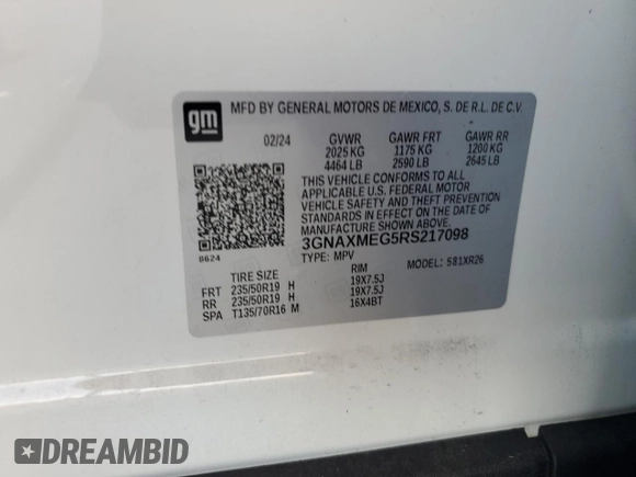 2024 Chevrolet Equinox RS z VIN 3GNAXMEG5RS217098, wystawiony jako Copart lot #58026325 z przebiegiem 10 744 mil mil oraz Nie do naprawy • Non repairable. Historia ofert i sprzedaży dostępna na DreamBid. Obrazek 14.