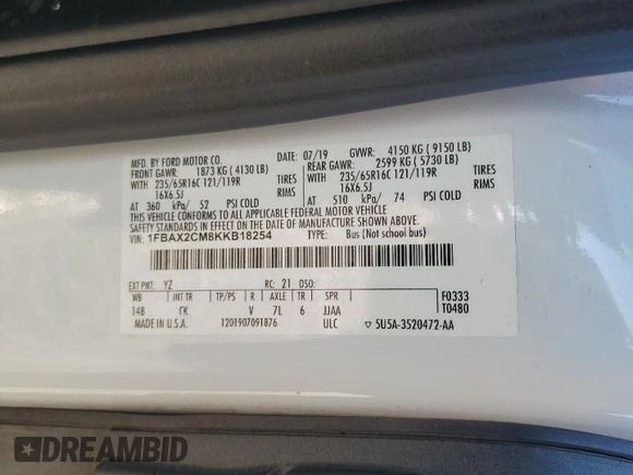 2019 Ford Transit Passenger XL z VIN 1FBAX2CM8KKB18254, wystawiony jako Copart lot #56907515 z przebiegiem 89 829 mil mil oraz Nie do naprawy • Non repairable. Historia ofert i sprzedaży dostępna na DreamBid. Obrazek 13.