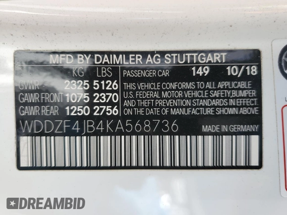 2019 Mercedes-Benz E 300 with VIN WDDZF4JB4KA568736, listed as a Copart auction lot 51931225 with 76,692 mi miles and Salvage title. Bid and sale history available at DreamBid. Image 14.