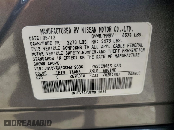 2012 Infiniti G25 Journey with VIN JN1DV6AP3CM812636, listed as a Copart auction lot 58236105 with 86,521 mi miles and Salvage title. Bid and sale history available at DreamBid. Image 12.