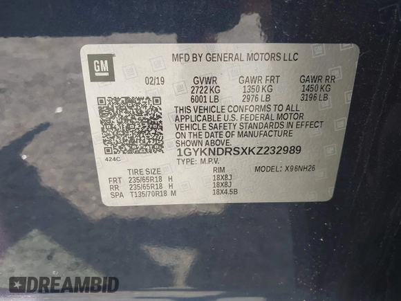 2019 Cadillac XT5 Luxury AWD z VIN 1GYKNDRSXKZ232989, wystawiony jako IAAI lot #42331092 z przebiegiem 54 100 mil mil oraz . Historia ofert i sprzedaży dostępna na DreamBid. Obrazek 9.