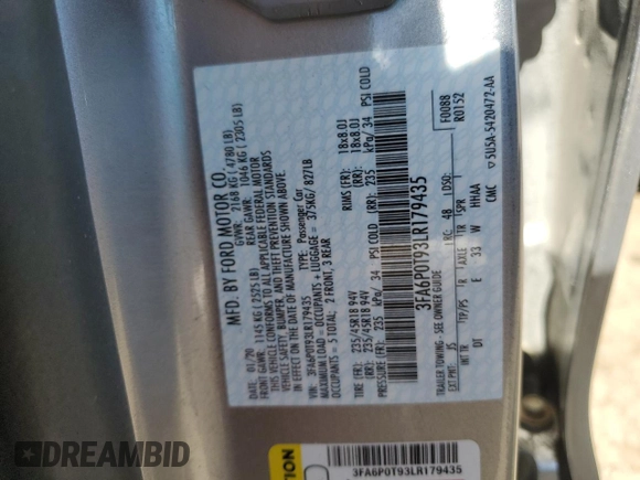 2020 Ford Fusion SE z VIN 3FA6P0T93LR179435, wystawiony jako Copart lot #56985465 z przebiegiem 43 188 mil mil oraz Szkoda całkowita • Salvage title. Historia ofert i sprzedaży dostępna na DreamBid. Obrazek 12.