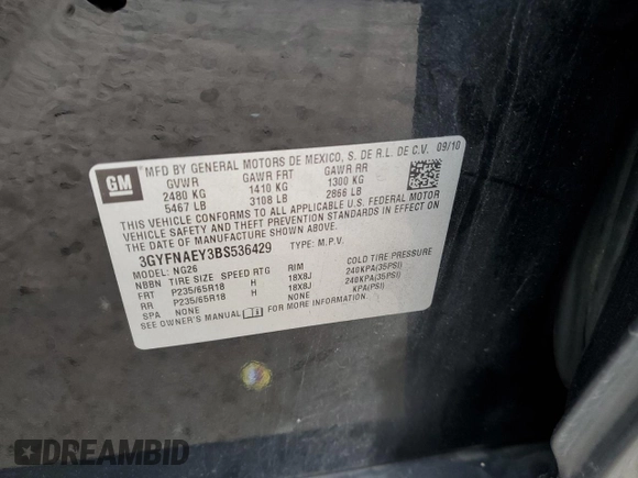 2011 Cadillac SRX Luxury Collection with VIN 3GYFNAEY3BS536429, listed as a Copart auction lot 84276584 with 215,107 mi miles and Salvage Title. Bid and sale history available at DreamBid. Image 13.