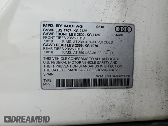 2018 Audi Q3 Premium with VIN WA1BCCFS4JR026926, listed as a Copart auction lot 44928323 with 61,118 mi miles. Bid and sale history available at carsss.com. Image 15.
