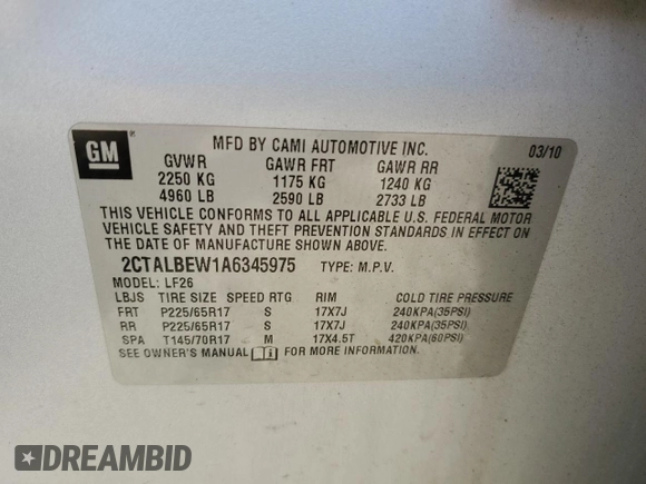 2010 GMC Terrain SLE-1 with VIN 2CTALBEW1A6345975, listed as a Copart auction lot 61572345 with 246,999 mi miles and Salvage title. Bid and sale history available at DreamBid. Image 14.