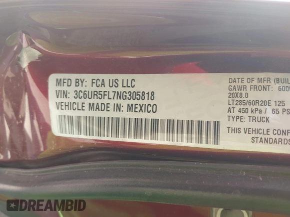 2022 Ram 2500 Laramie с VIN 3C6UR5FL7NG305818, выставлен на аукционе IAAI как лот 42291195 с пробегом 59 548 миль миль и . История ставок и продаж доступна на DreamBid. Изображение 9.