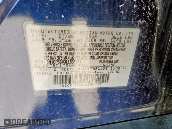 2020 Nissan Kicks SV с VIN 3N1CP5CV3LL536271, выставлен на аукционе Copart как лот 56705175 с пробегом 18 403 миль миль и Списание • Salvage title. История ставок и продаж доступна на DreamBid. Изображение 12.