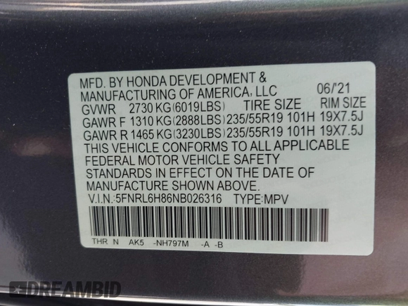 2022 Honda Odyssey Touring с VIN 5FNRL6H86NB026316, выставлен на аукционе IAAI как лот 42611106 с пробегом 75 427 миль миль и . История ставок и продаж доступна на DreamBid. Изображение 9.