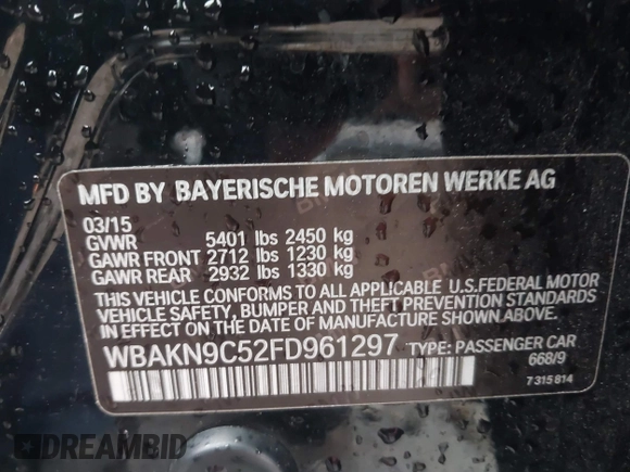 2015 BMW 5 Series 550i with VIN WBAKN9C52FD961297, listed as a IAAI auction lot 40863859 with 76,102 mi miles and . Bid and sale history available at DreamBid. Image 9.