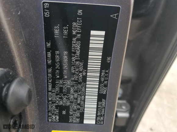 2019 Toyota Highlander SE with VIN 5TDJZRFH8KS598432, listed as a Copart auction lot 48376755 with 87,674 mi miles and Salvage Title. Bid and sale history available at carsss.com. Image 13.