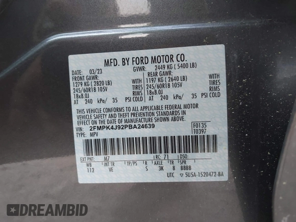 2023 Ford Edge SEL with VIN 2FMPK4J92PBA24639, listed as a IAAI auction lot 42061985 with 1 mi miles. Bid and sale history available at carsss.com. Image 9.