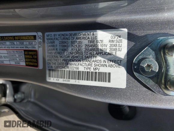 2024 Acura RDX w/A-Spec Package with VIN 5J8TC2H62RL022166, listed as a Copart auction lot 56084815 with 9,378 mi miles and Salvage title. Bid and sale history available at DreamBid. Image 13.