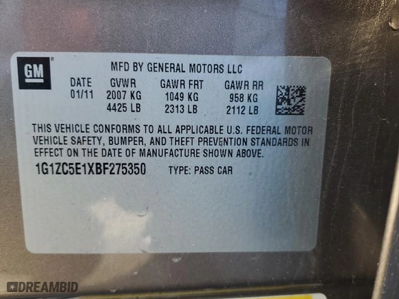 2011 Chevrolet Malibu LT w/1LT with VIN 1G1ZC5E1XBF275350, listed as a Copart auction lot 48654715 with 84,548 mi miles and Salvage Title. Bid and sale history available at carsss.com. Image 12.