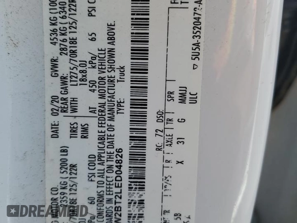 2020 Ford F-250 XL with VIN 1FT7W2BT2LED04826, listed as a Copart auction lot 63795475 with 140,668 mi miles and Salvage title. Bid and sale history available at DreamBid. Image 12.