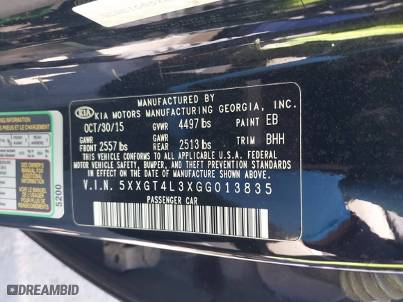 2016 Kia Optima LX with VIN 5XXGT4L3XGG013835, listed as a IAAI auction lot 41815349 with 120,628 mi miles. Bid and sale history available at carsss.com. Image 9.