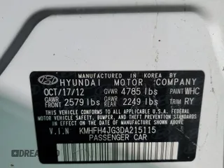 2013 Hyundai Azera with VIN KMHFH4JG3DA215115, listed as a Copart auction lot 75914224 with Not Provided miles and Salvage Title. Bid and sale history available at carsss.com. Image 13.