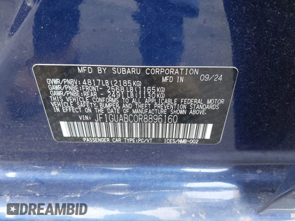2024 Subaru Impreza with VIN JF1GUABC0R8896160, listed as a IAAI auction lot 42063084 with 3,053 mi miles and . Bid and sale history available at DreamBid. Image 9.