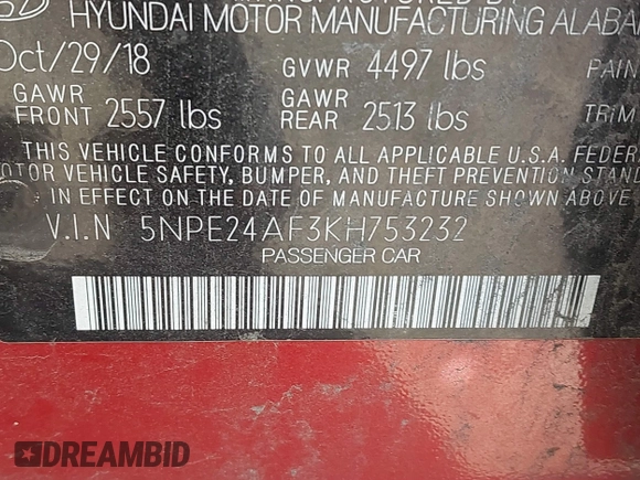 2019 Hyundai Sonata SE with VIN 5NPE24AF3KH753232, listed as a IAAI auction lot 41843557 with 52,996 mi miles and . Bid and sale history available at carsss.com. Image 9.