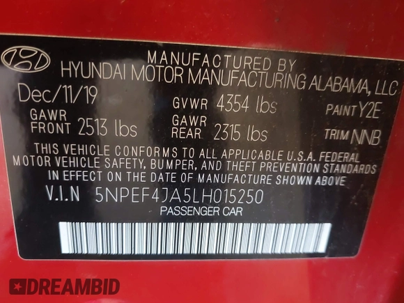 2020 Hyundai Sonata SEL z VIN 5NPEF4JA5LH015250, wystawiony jako IAAI lot #42142900 z przebiegiem 48 122 mil mil oraz . Historia ofert i sprzedaży dostępna na DreamBid. Obrazek 9.