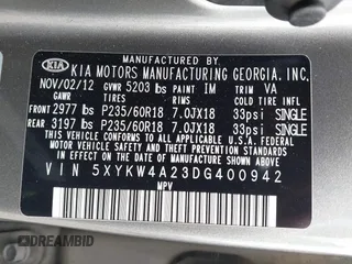 2013 Kia Sorento SX z VIN 5XYKW4A23DG400942, wystawiony jako IAAI lot #42185267 z przebiegiem 162 209 mil mil oraz . Historia ofert i sprzedaży dostępna na DreamBid. Obrazek 9.