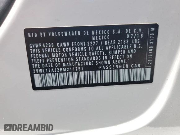 2017 Volkswagen Jetta SEL with VIN 3VWL17AJ2HM211751, listed as a Copart auction lot 61907755 with 64,668 mi miles and Salvage title. Bid and sale history available at DreamBid. Image 12.