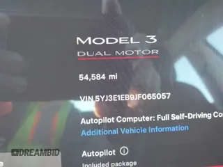 2018 Tesla Model 3 Long Range Battery with VIN 5YJ3E1EB9JF065057, listed as a IAAI auction lot 41863903 with 54,584 mi miles and . Bid and sale history available at DreamBid. Image 15.