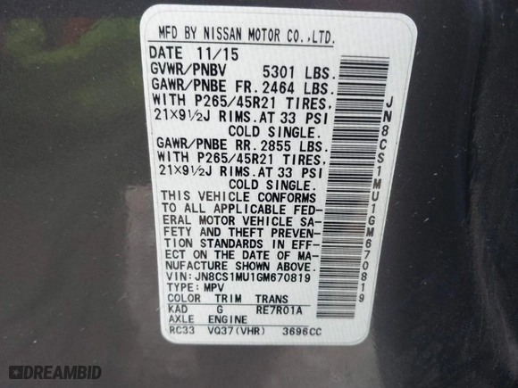 2016 Infiniti QX70 with VIN JN8CS1MU1GM670819, listed as a IAAI auction lot 41890593 with NaN miles. Bid and sale history available at carsss.com. Image 9.