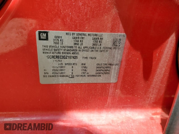 2016 Chevrolet Silverado 1500 LT with VIN 1GCRCREC0GZ197425, listed as a Copart auction lot 65031304 with 122,605 mi miles and Salvage Title. Bid and sale history available at DreamBid. Image 15.