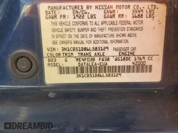 2006 Nissan Sentra S with VIN 3N1CB51D86L583129, listed as a Copart auction lot 55200185 with 196,149 mi miles and Salvage Title. Bid and sale history available at DreamBid. Image 12.