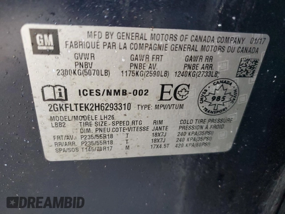2017 GMC Terrain SLE with VIN 2GKFLTEK2H6293310, listed as a Copart auction lot 51824275 with 0 mi miles and Salvage Title. Bid and sale history available at carsss.com. Image 14.