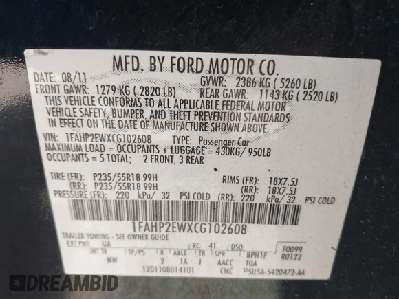 2012 Ford Taurus SEL with VIN 1FAHP2EWXCG102608, listed as a IAAI auction lot 41993132 with 219,907 mi miles and . Bid and sale history available at DreamBid. Image 9.