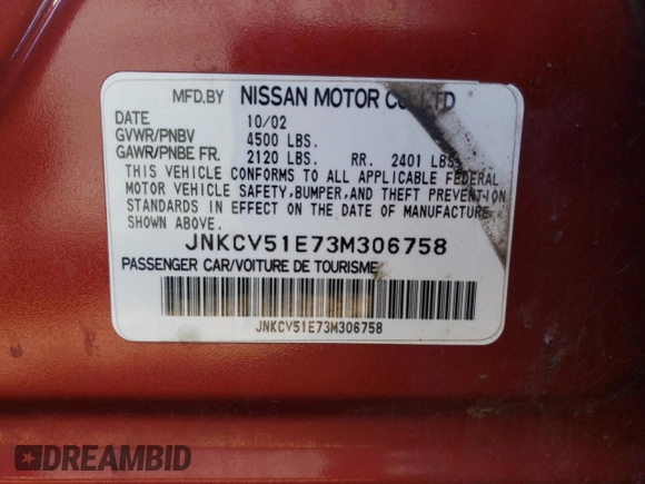 2003 Infiniti G35 w/Leather with VIN JNKCV51E73M306758, listed as a Copart auction lot 74835264 with Not Provided miles and Salvage Title. Bid and sale history available at DreamBid. Image 12.