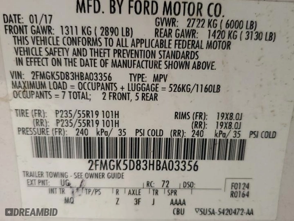 2017 Ford Flex Limited with VIN 2FMGK5D83HBA03356, listed as a Copart auction lot 68469384 with 190,725 mi miles and Salvage Title. Bid and sale history available at carsss.com. Image 14.