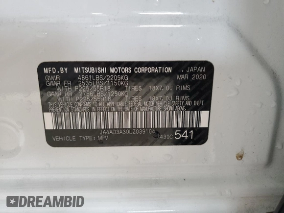 2020 Mitsubishi Outlander SE with VIN JA4AD3A30LZ039104, listed as a Copart auction lot 55775925 with Not provided miles and Clean title. Bid and sale history available at DreamBid. Image 12.