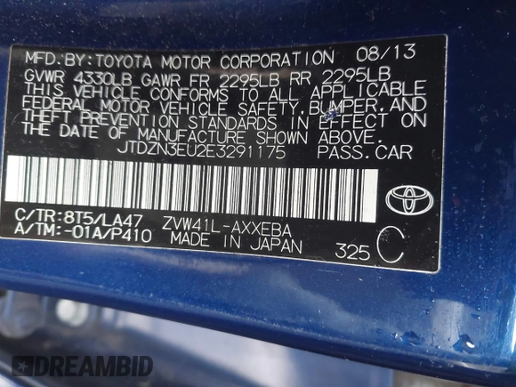 2014 Toyota Prius Two with VIN JTDZN3EU2E3291175, listed as a IAAI auction lot 41571352 with Not Provided miles and . Bid and sale history available at DreamBid. Image 9.