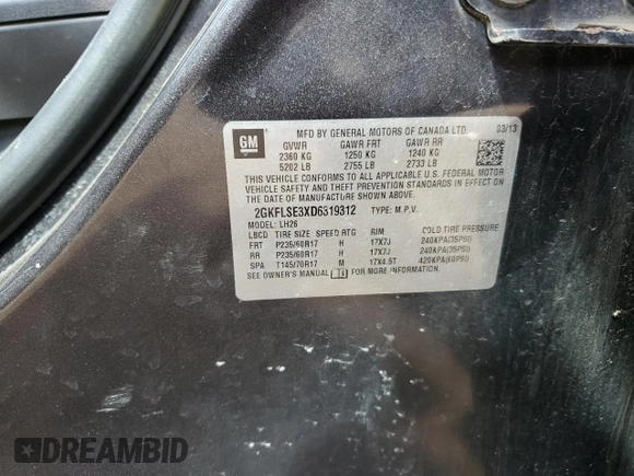 2013 GMC Terrain SLE with VIN 2GKFLSE3XD6319312, listed as a Copart auction lot 53193425 with 189,347 mi miles and Clean Title. Bid and sale history available at DreamBid. Image 13.