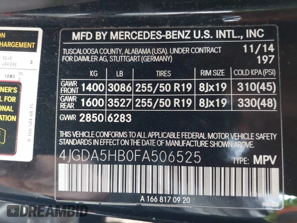 2015 Mercedes-Benz M 350 with VIN 4JGDA5HB0FA506525, listed as a IAAI auction lot 42109116 with 152,737 mi miles and . Bid and sale history available at DreamBid. Image 9.