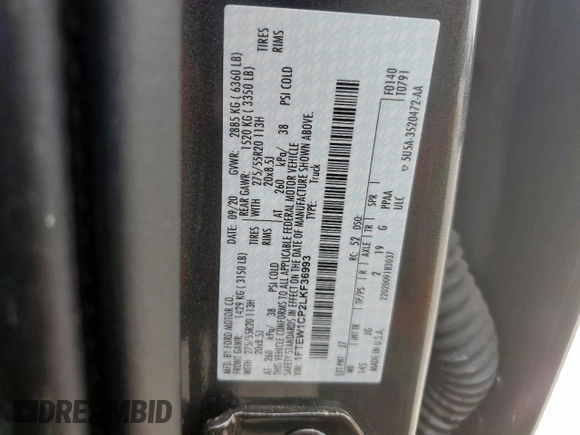 2020 Ford F-150 XL with VIN 1FTEW1CP2LKF36993, listed as a Copart auction lot 59711375 with 92,098 mi miles and Salvage title. Bid and sale history available at DreamBid. Image 12.