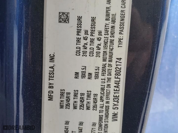 2020 Tesla Model 3 Standard Range Plus with VIN 5YJ3E1EA4LF802174, listed as a Copart auction lot 49181935 with NaN miles and Clean Title. Bid and sale history available at carsss.com. Image 13.