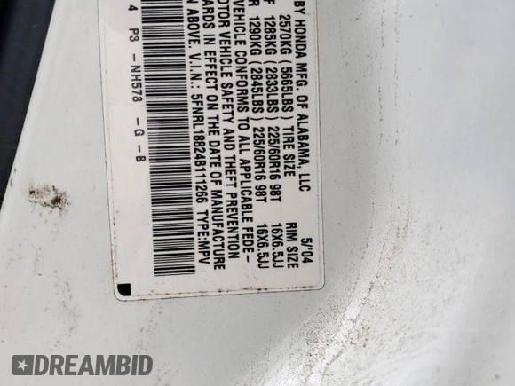 2004 Honda Odyssey EX-RES with VIN 5FNRL18824B111266, listed as a Copart auction lot 59295425 with Not provided miles and Salvage title. Bid and sale history available at DreamBid. Image 12.