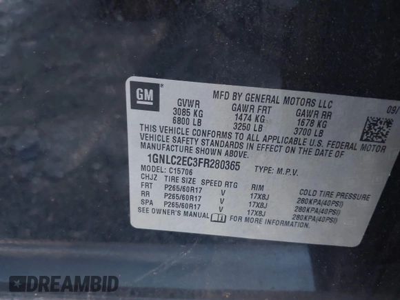 2015 Chevrolet Tahoe Commercial with VIN 1GNLC2EC3FR280365, listed as a IAAI auction lot 40580594 with 195,740 mi miles and . Bid and sale history available at DreamBid. Image 9.