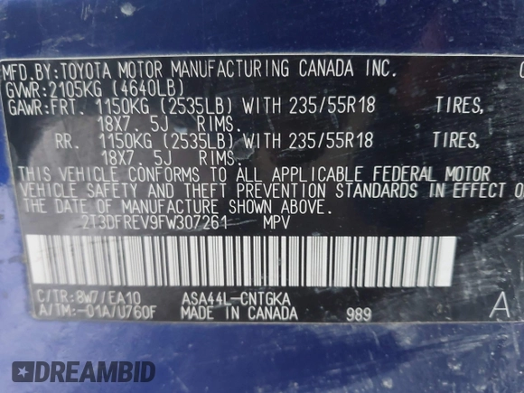 2015 Toyota RAV4 Limited with VIN 2T3DFREV9FW307261, listed as a IAAI auction lot 42514490 with 152,157 mi miles and . Bid and sale history available at DreamBid. Image 9.