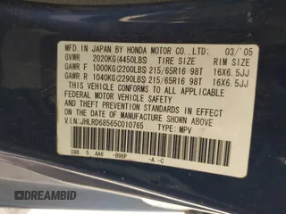 2005 Honda CR-V LX with VIN JHLRD68565C010765, listed as a IAAI auction lot 41843854 with 248,201 mi miles and . Bid and sale history available at carsss.com. Image 9.