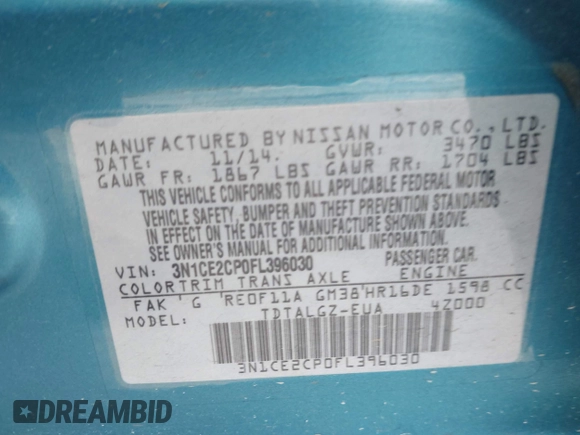 2015 Nissan Note SV with VIN 3N1CE2CP0FL396030, listed as a IAAI auction lot 42030132 with 46,635 mi miles and . Bid and sale history available at DreamBid. Image 9.